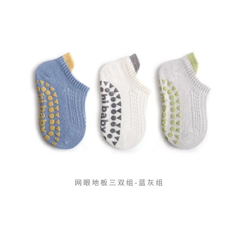 Lot de 3 paires de chaussettes d'été pour bébé, couleur unie, antidérapantes, en silicone, en maille respirante, fines, pour l'intérieur