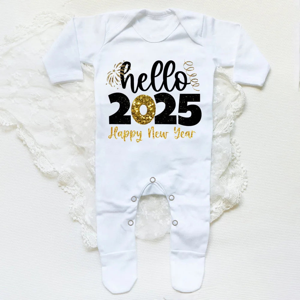 Combinaison de nuit imprimée Hello 2025 pour bébé, barboteuse, bonne année, nouveau-né, combinaison, pieds pour bébé, body à manches longues