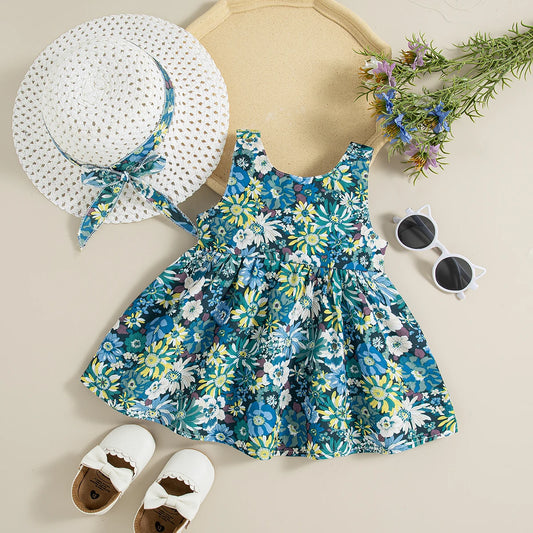 (Robe 2 pièces) Ensemble de robes d'été pour filles, imprimé floral + chapeau, nœud, ruban, licou, robe de princesse douce, robe d'équipe de fête d'anniversaire