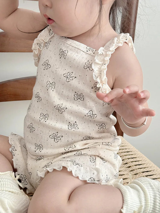 Ensemble de vêtements pour bébé, ensemble d'été pour petite fille, mignon nœud papillon, bretelles en dentelle + short, ensemble 2 pièces en coton confortable pour filles, ensemble pour nouveau-né