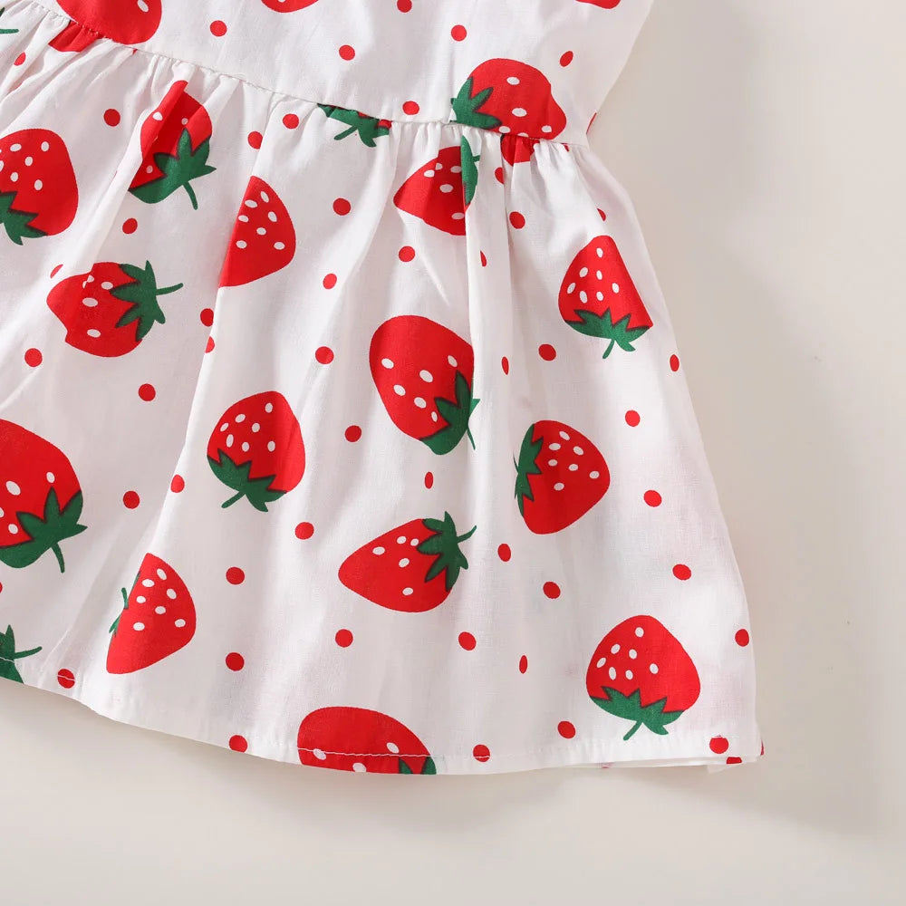 Ensemble robe et chapeau d'été pour bébé fille, 2 pièces, robe décontractée à petits pois ronds, imprimé fraise, nœud sur le devant, pour tous les jours