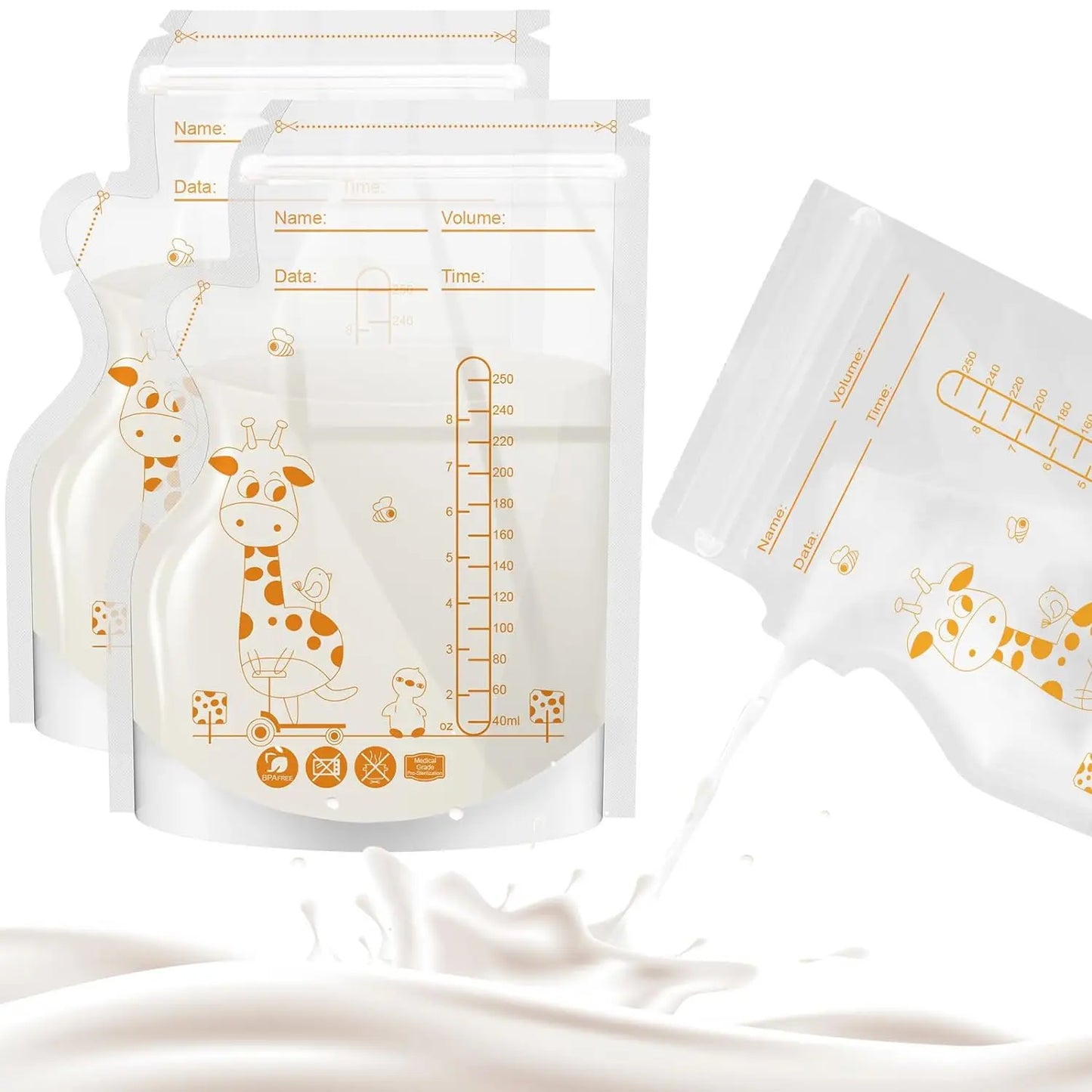 Sachets de conservation du lait maternel PE Giraffe, 250 ml, 30 pièces/60 pièces par paquet, étiquettes pré-adhésives, sans BPA, étanches,