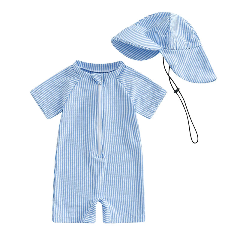 Maillots de bain d'été pour bébés garçons, imprimés rayés, fermeture éclair, col rond, manches courtes, combinaisons anti-éruption cutanée, chapeaux, maillots de bain
