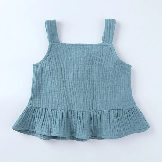 Ensemble de vêtements d'été pour nouveau-né fille, haut sans manches à volants en coton uni, pantalon court, 2 pièces