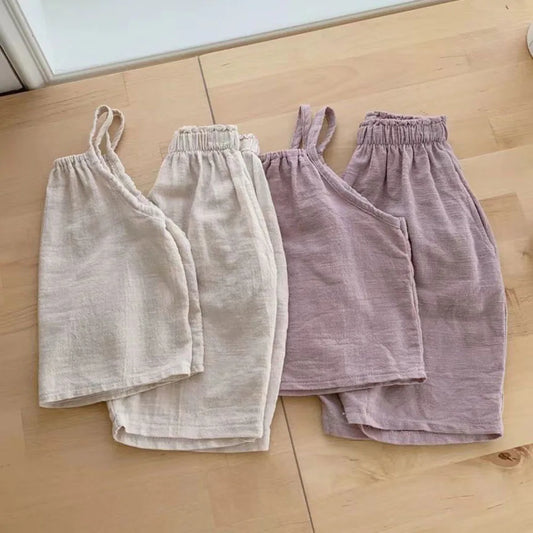 TZ2443 Bébé fille été nouveau design simple coton et lin couleur unie haut ample pantalon large vacances décontracté deux pièces