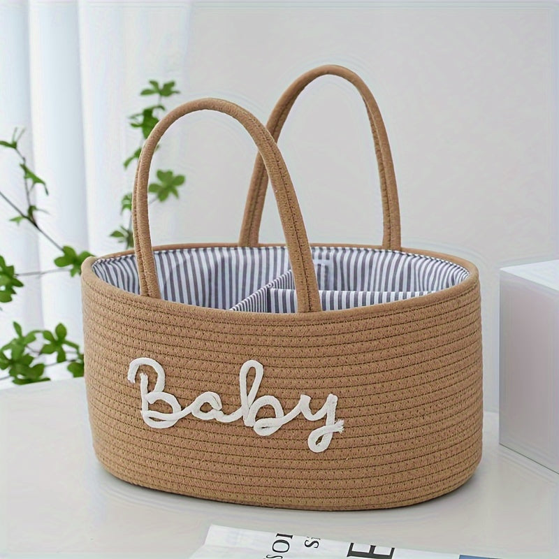 1pc Stylish Woven Storage Basket For Baby Diapers And Essentials, 3 Compartments Portable Storage Basket, Feeding Bottle Diaper Mother Bag, Portable Cotton Rope Diaper Organizer For Changing Table, Perfect For Daily Use