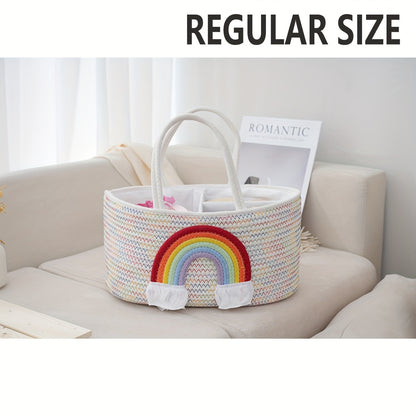 1pc Stylish Woven Storage Basket For Baby Diapers And Essentials, 3 Compartments Portable Storage Basket, Feeding Bottle Diaper Mother Bag, Portable Cotton Rope Diaper Organizer For Changing Table, Perfect For Daily Use