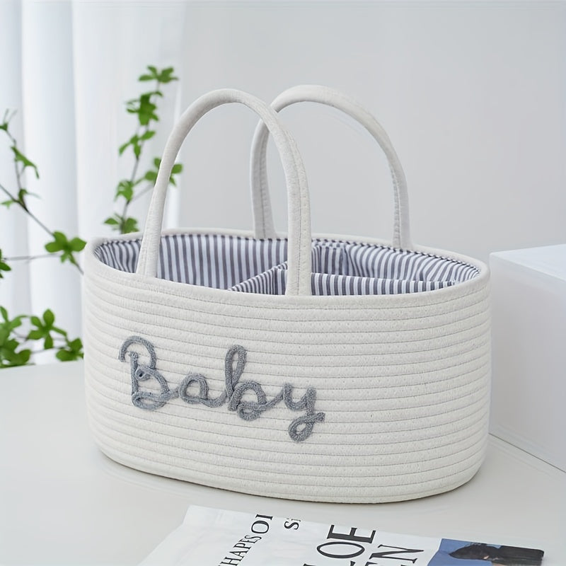 1pc Stylish Woven Storage Basket For Baby Diapers And Essentials, 3 Compartments Portable Storage Basket, Feeding Bottle Diaper Mother Bag, Portable Cotton Rope Diaper Organizer For Changing Table, Perfect For Daily Use