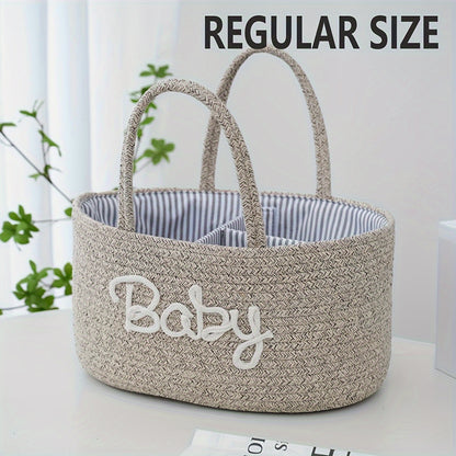1pc Stylish Woven Storage Basket For Baby Diapers And Essentials, 3 Compartments Portable Storage Basket, Feeding Bottle Diaper Mother Bag, Portable Cotton Rope Diaper Organizer For Changing Table, Perfect For Daily Use