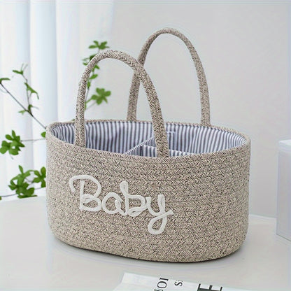 1pc Stylish Woven Storage Basket For Baby Diapers And Essentials, 3 Compartments Portable Storage Basket, Feeding Bottle Diaper Mother Bag, Portable Cotton Rope Diaper Organizer For Changing Table, Perfect For Daily Use