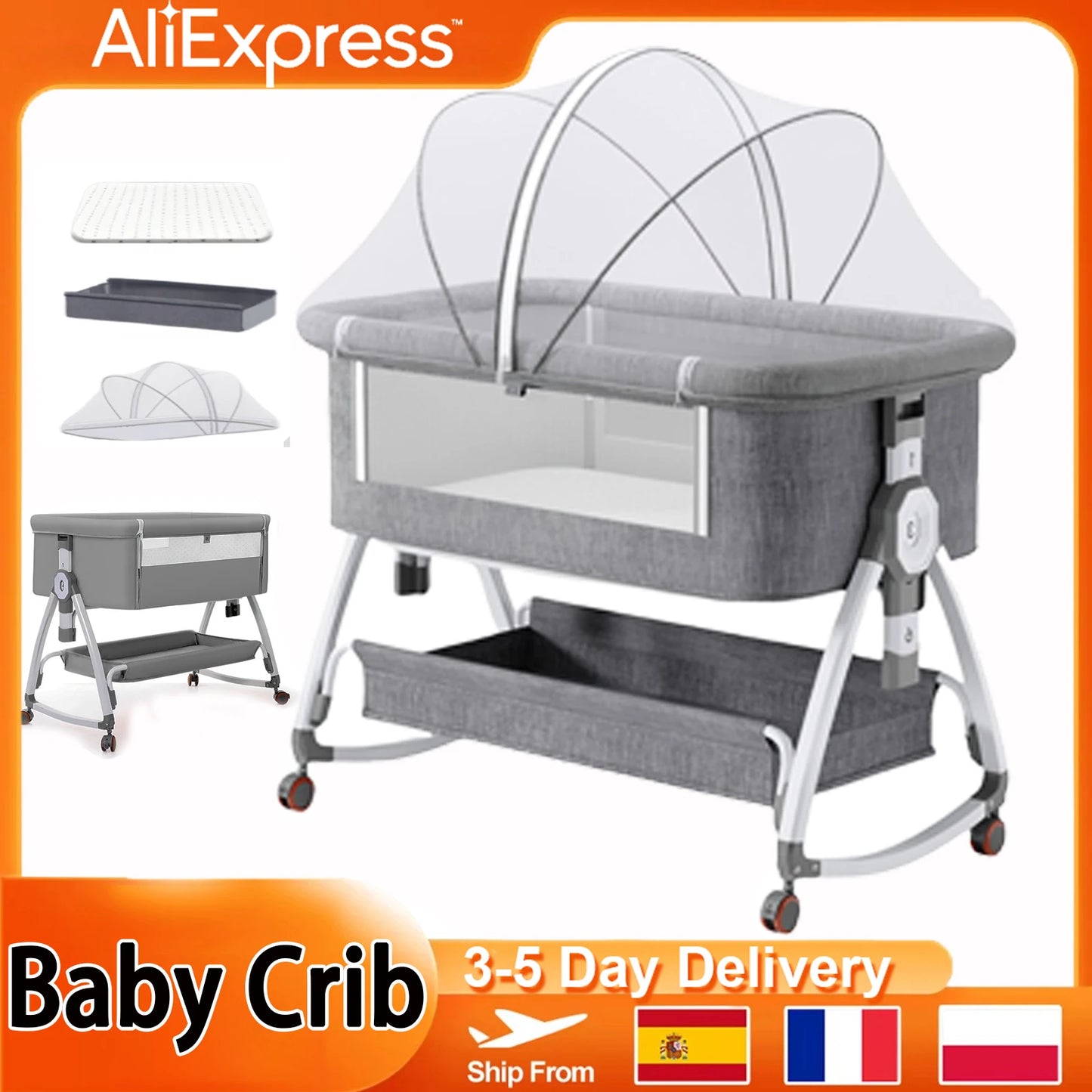 Foldable Baby Crib Baby Rocking Bed Movable Portable Fence Baby Cradle Bed Height Adjustable Splicing Large Bed Baby Crib Bed