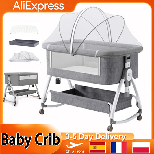 Foldable Baby Crib Baby Rocking Bed Movable Portable Fence Baby Cradle Bed Height Adjustable Splicing Large Bed Baby Crib Bed