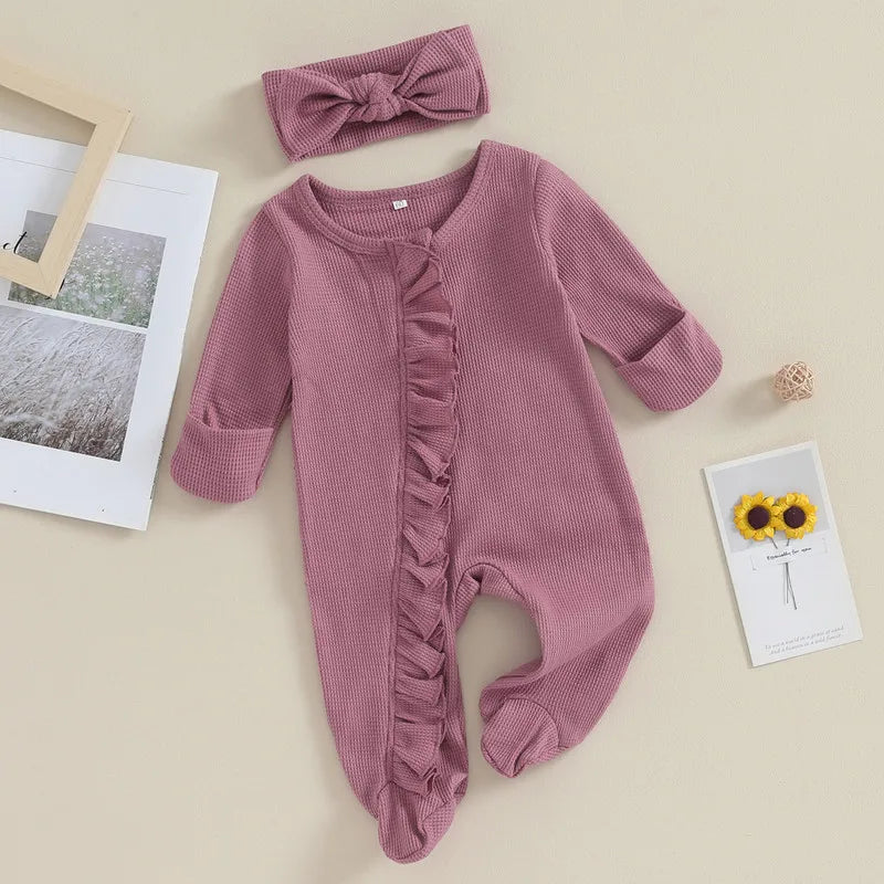 RUEWEY Nouveau-né Bébé Fille Garçon Vêtements Printemps Automne Barboteuse Couleur Unie Volants Combinaison pour Enfants Nourrisson Bébé Articles Vêtements
