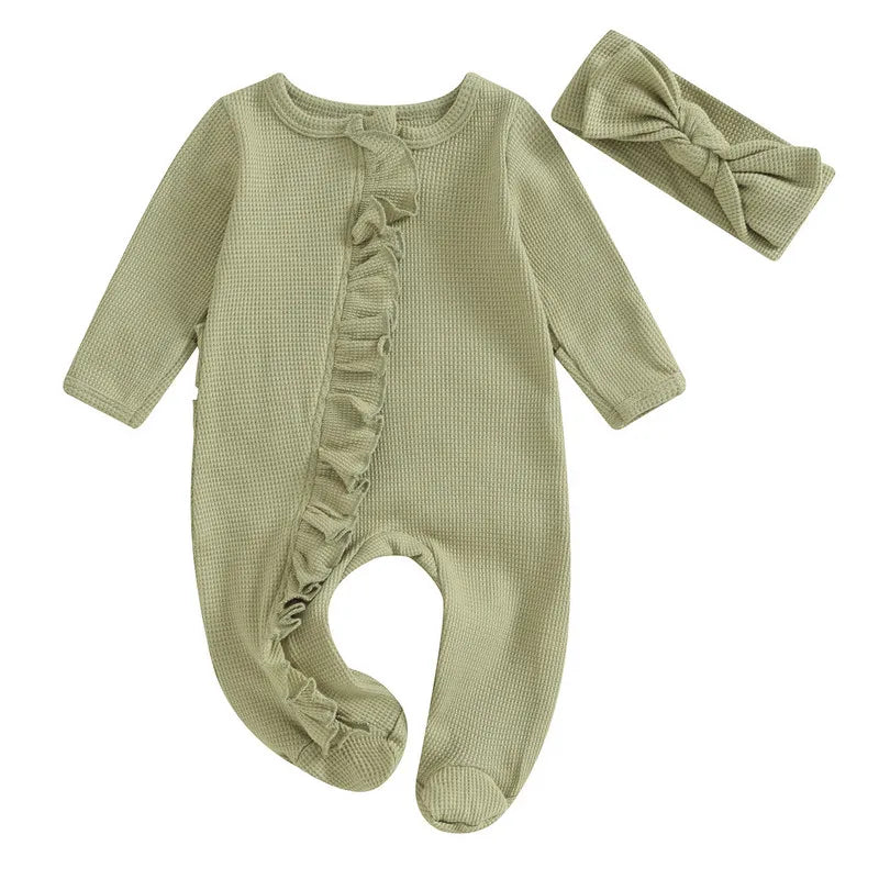 RUEWEY Nouveau-né Bébé Fille Garçon Vêtements Printemps Automne Barboteuse Couleur Unie Volants Combinaison pour Enfants Nourrisson Bébé Articles Vêtements