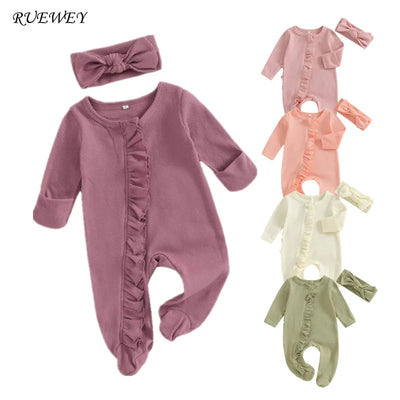 RUEWEY Nouveau-né Bébé Fille Garçon Vêtements Printemps Automne Barboteuse Couleur Unie Volants Combinaison pour Enfants Nourrisson Bébé Articles Vêtements