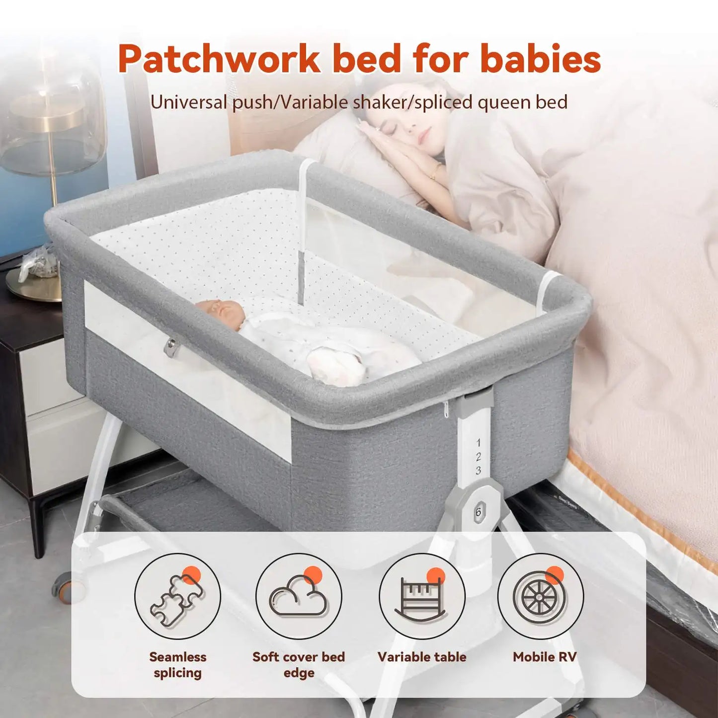 Foldable Baby Crib Baby Rocking Bed Movable Portable Fence Baby Cradle Bed Height Adjustable Splicing Large Bed Baby Crib Bed