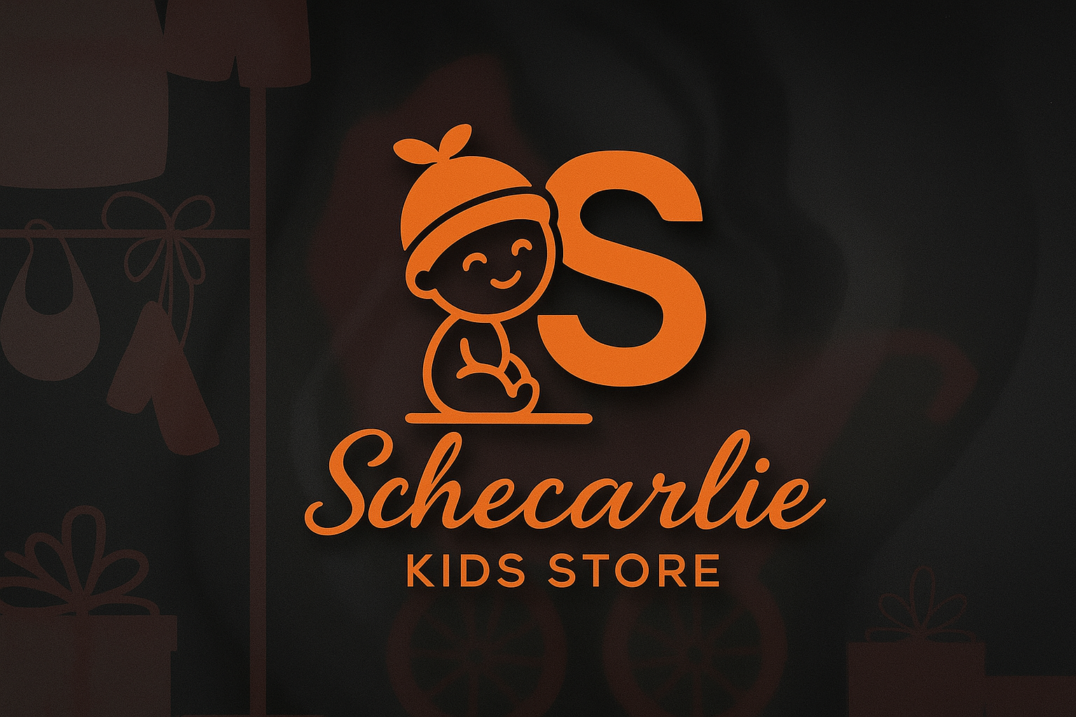 Logo of Schecarlie Kids Store with a stylized child and letter 'S' on a dark background