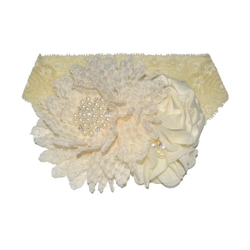 Baby Birthday Headband Photo Props Headwear Chiffon Flower with Diamond Lace Wide Headband for Baby Girls Headwrap Infant Turban