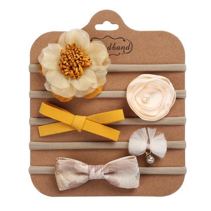 5Pcs/Set Flower Fabric Cloth Bow Print Baby Headband Elastic Nylon Hair Bands Newborn Photography Props Kids Accessories