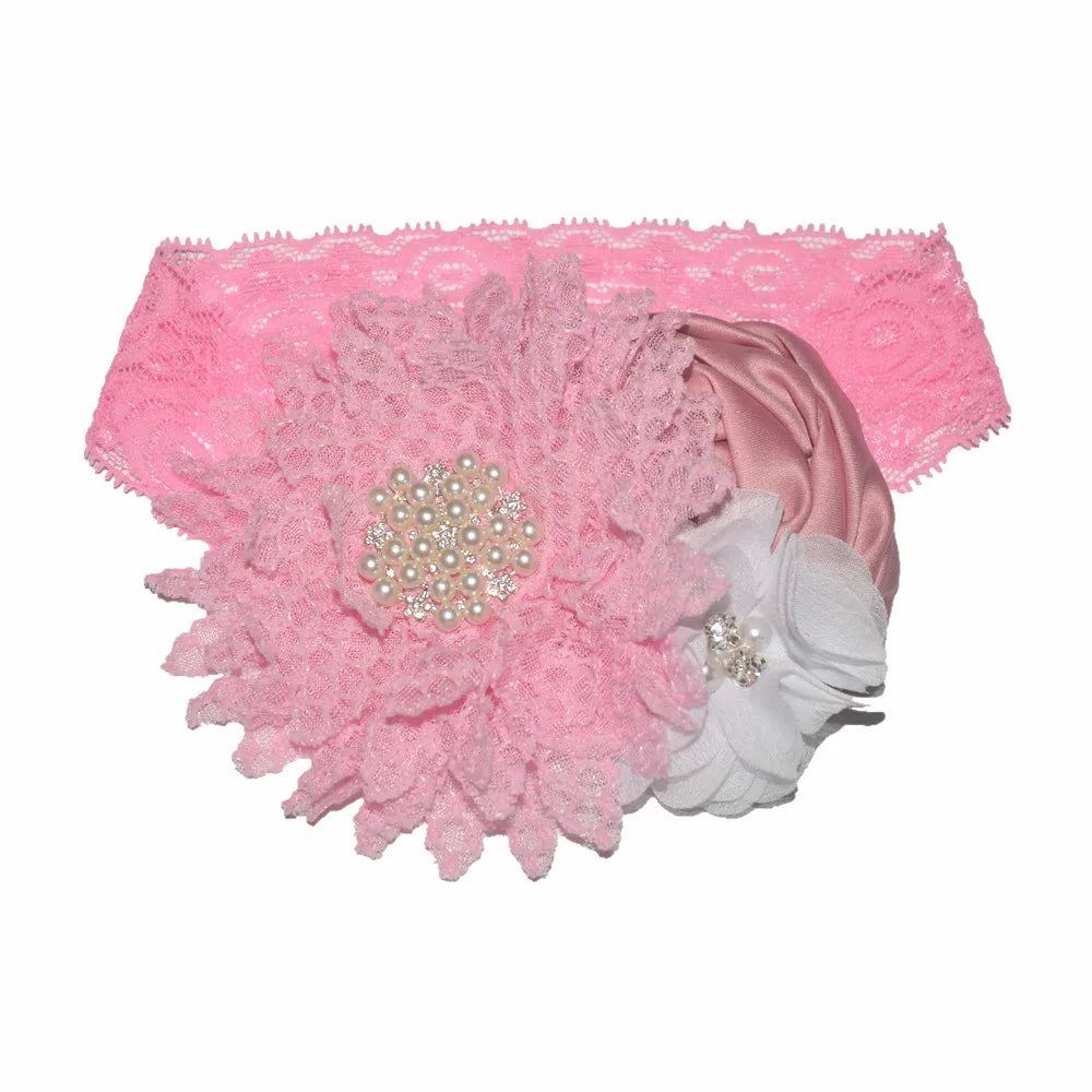 Baby Birthday Headband Photo Props Headwear Chiffon Flower with Diamond Lace Wide Headband for Baby Girls Headwrap Infant Turban