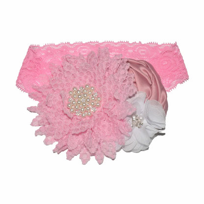 Baby Birthday Headband Photo Props Headwear Chiffon Flower with Diamond Lace Wide Headband for Baby Girls Headwrap Infant Turban