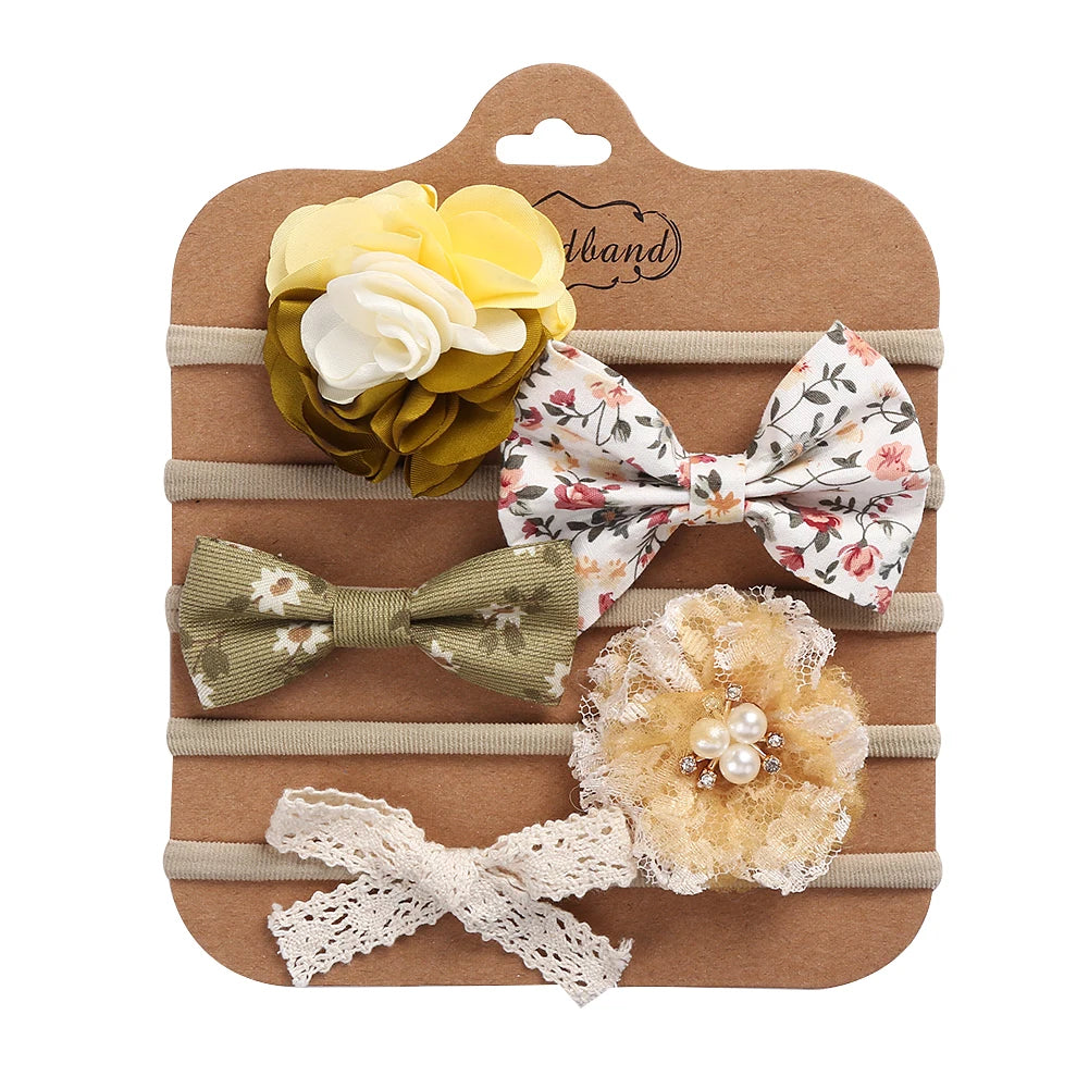 5Pcs/Set Flower Fabric Cloth Bow Print Baby Headband Elastic Nylon Hair Bands Newborn Photography Props Kids Accessories