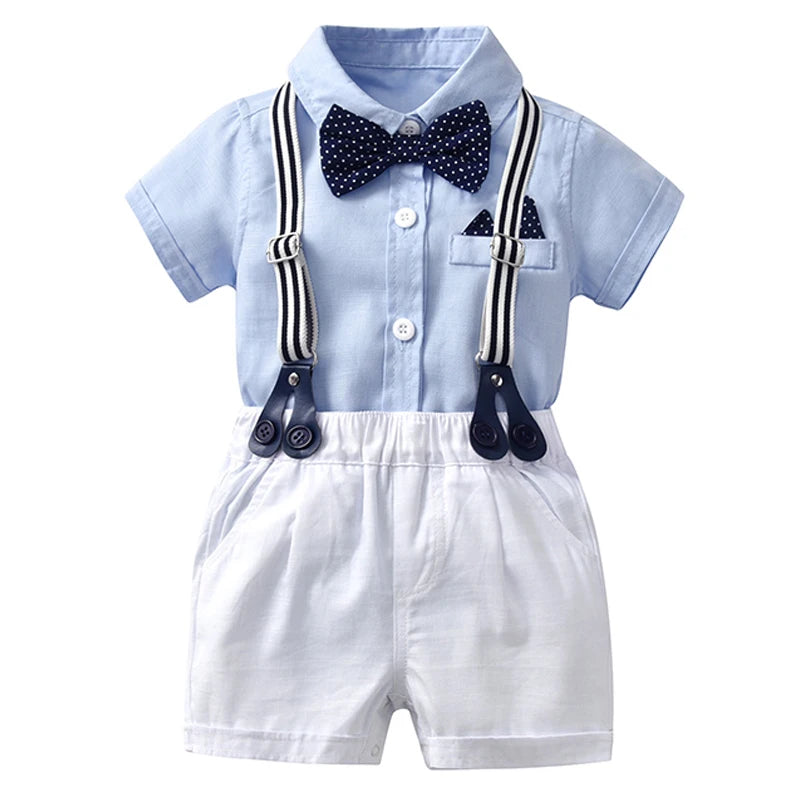 Ensemble de vêtements pour nouveau-né garçon, couleur unie, avec nœud, costume formel pour tout-petits, barboteuse bleu ciel d'été + short blanc, vêtements pour bébé