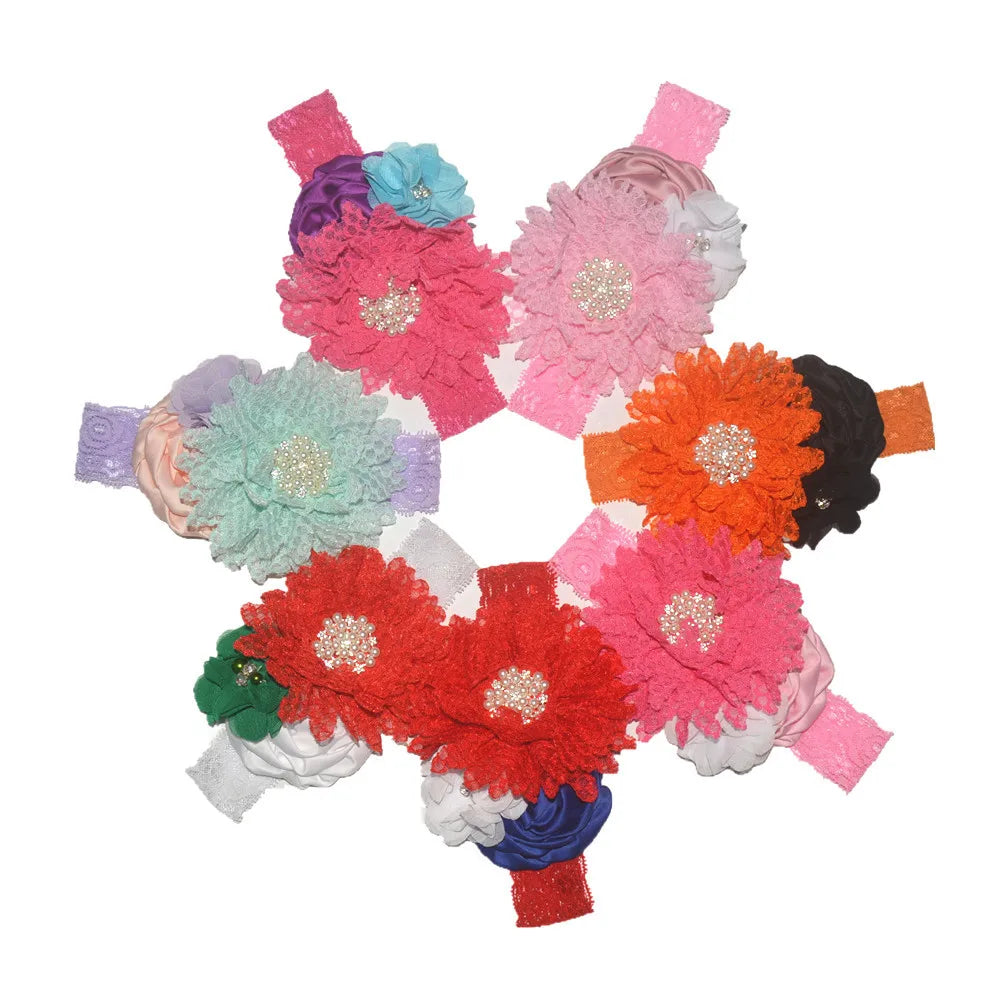Baby Birthday Headband Photo Props Headwear Chiffon Flower with Diamond Lace Wide Headband for Baby Girls Headwrap Infant Turban