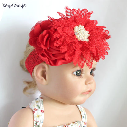 Baby Birthday Headband Photo Props Headwear Chiffon Flower with Diamond Lace Wide Headband for Baby Girls Headwrap Infant Turban