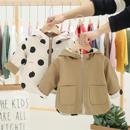 Veste bébé bébé fille coupe-vent printemps et automne nouvelle veste à capuche double face à pois pour enfants veste bébé garçon