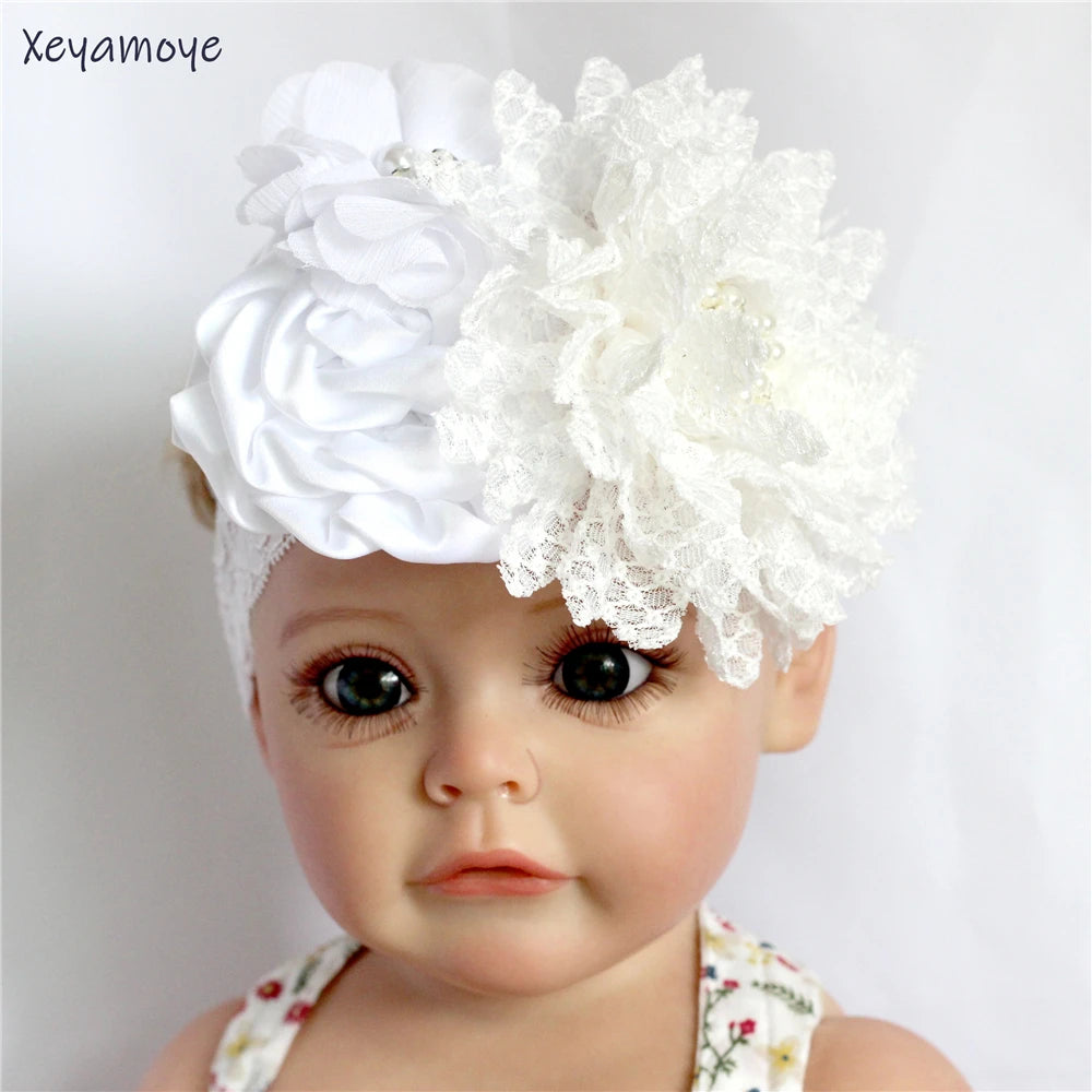Baby Birthday Headband Photo Props Headwear Chiffon Flower with Diamond Lace Wide Headband for Baby Girls Headwrap Infant Turban