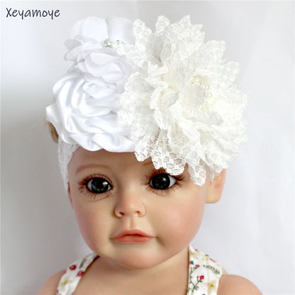 Baby Birthday Headband Photo Props Headwear Chiffon Flower with Diamond Lace Wide Headband for Baby Girls Headwrap Infant Turban