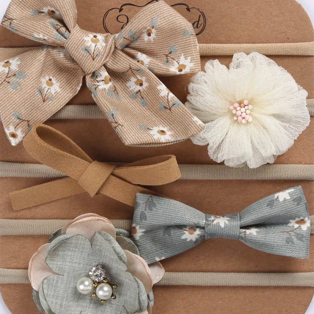 5Pcs/Set Flower Fabric Cloth Bow Print Baby Headband Elastic Nylon Hair Bands Newborn Photography Props Kids Accessories