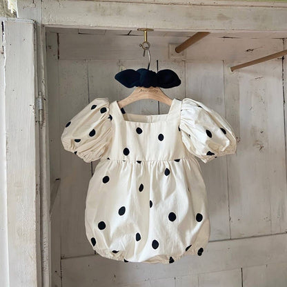 Barboteuse à manches courtes pour bébé avec bandeau à nœud, imprimé à pois, style doux, vêtements d'été, 0-24 mois