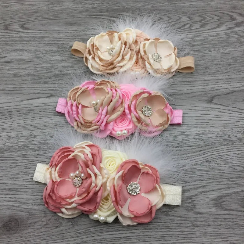 Baby Birthday Headband Photo Props Headwear Chiffon Flower with Diamond Lace Wide Headband for Baby Girls Headwrap Infant Turban