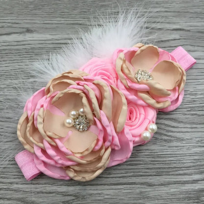 Baby Birthday Headband Photo Props Headwear Chiffon Flower with Diamond Lace Wide Headband for Baby Girls Headwrap Infant Turban