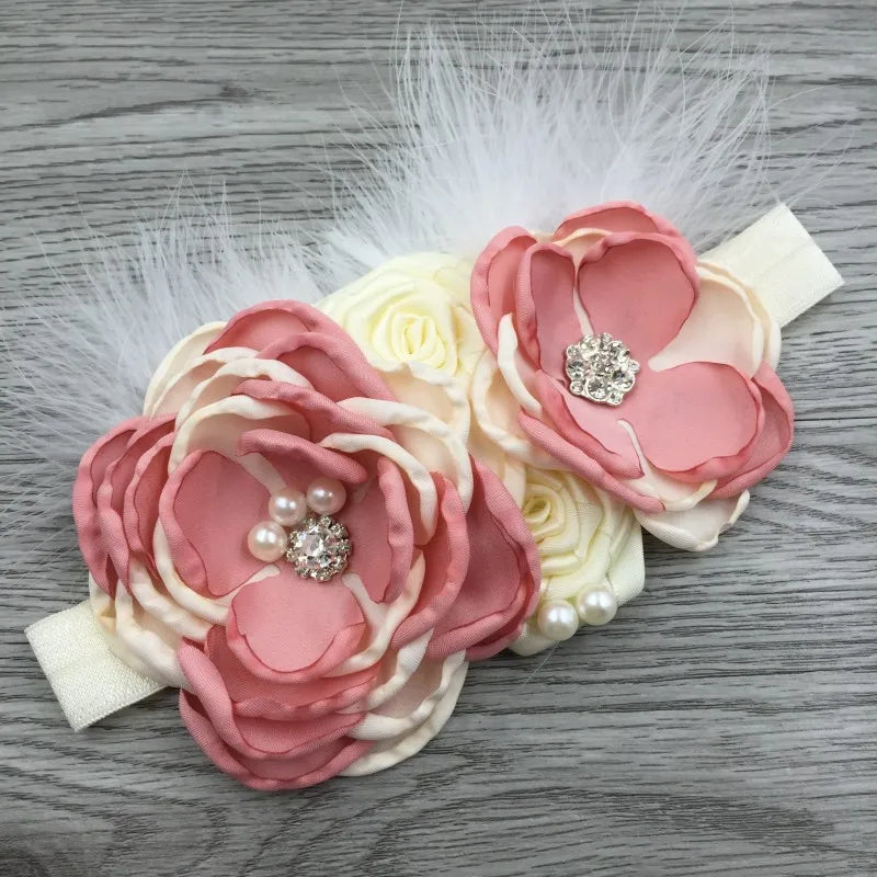 Baby Birthday Headband Photo Props Headwear Chiffon Flower with Diamond Lace Wide Headband for Baby Girls Headwrap Infant Turban