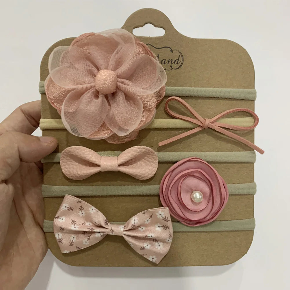5Pcs/Set Flower Fabric Cloth Bow Print Baby Headband Elastic Nylon Hair Bands Newborn Photography Props Kids Accessories