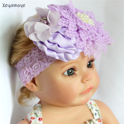 Baby Birthday Headband Photo Props Headwear Chiffon Flower with Diamond Lace Wide Headband for Baby Girls Headwrap Infant Turban