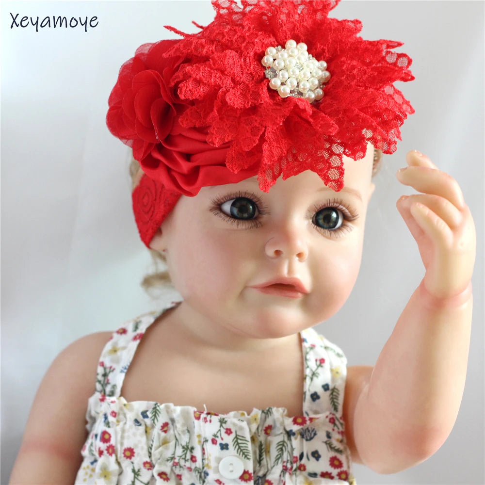 Baby Birthday Headband Photo Props Headwear Chiffon Flower with Diamond Lace Wide Headband for Baby Girls Headwrap Infant Turban