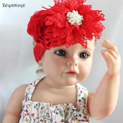 Baby Birthday Headband Photo Props Headwear Chiffon Flower with Diamond Lace Wide Headband for Baby Girls Headwrap Infant Turban