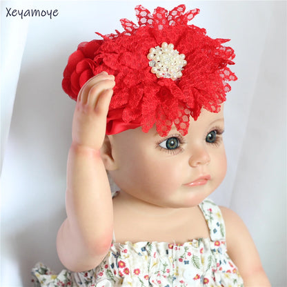 Baby Birthday Headband Photo Props Headwear Chiffon Flower with Diamond Lace Wide Headband for Baby Girls Headwrap Infant Turban