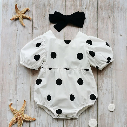 Barboteuse à manches courtes pour bébé avec bandeau à nœud, imprimé à pois, style doux, vêtements d'été, 0-24 mois