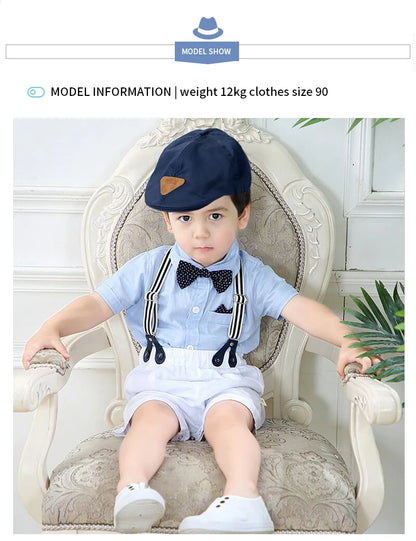 Ensemble de vêtements pour nouveau-né garçon, couleur unie, avec nœud, costume formel pour tout-petits, barboteuse bleu ciel d'été + short blanc, vêtements pour bébé