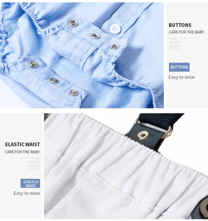 Ensemble de vêtements pour nouveau-né garçon, couleur unie, avec nœud, costume formel pour tout-petits, barboteuse bleu ciel d'été + short blanc, vêtements pour bébé