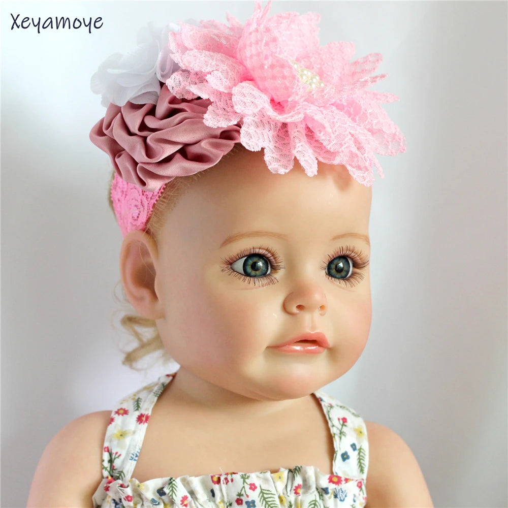 Baby Birthday Headband Photo Props Headwear Chiffon Flower with Diamond Lace Wide Headband for Baby Girls Headwrap Infant Turban