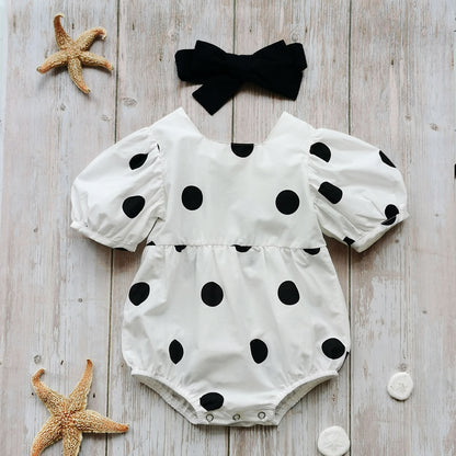 Barboteuse à manches courtes pour bébé avec bandeau à nœud, imprimé à pois, style doux, vêtements d'été, 0-24 mois