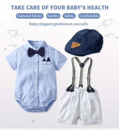 Ensemble de vêtements pour nouveau-né garçon, couleur unie, avec nœud, costume formel pour tout-petits, barboteuse bleu ciel d'été + short blanc, vêtements pour bébé