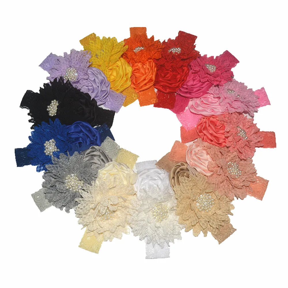 Baby Birthday Headband Photo Props Headwear Chiffon Flower with Diamond Lace Wide Headband for Baby Girls Headwrap Infant Turban