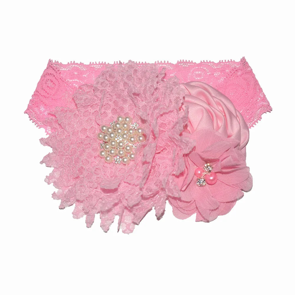 Baby Birthday Headband Photo Props Headwear Chiffon Flower with Diamond Lace Wide Headband for Baby Girls Headwrap Infant Turban